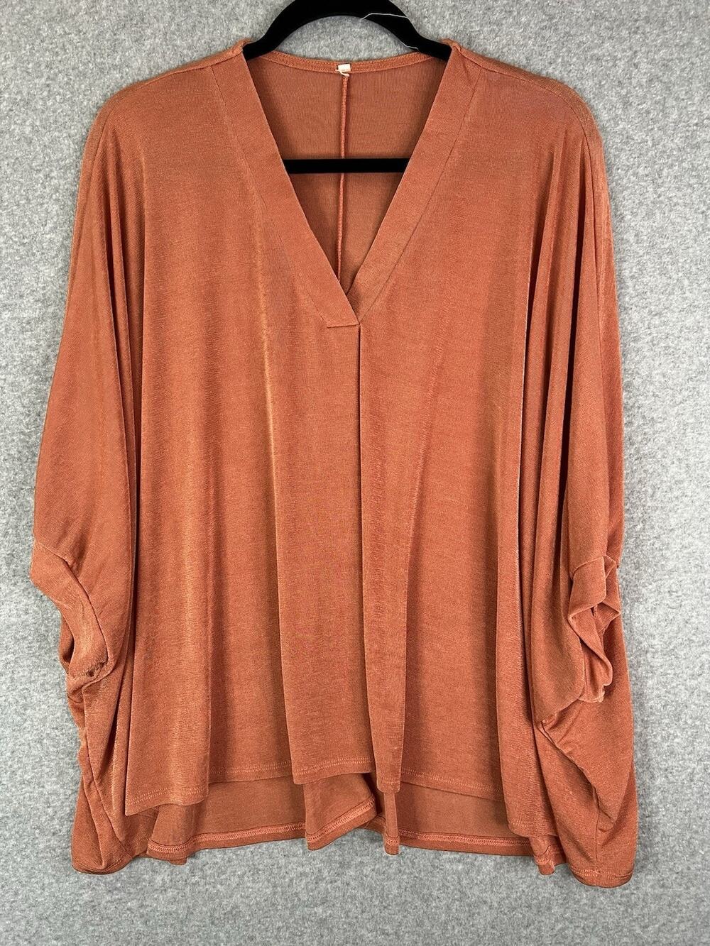 Womens V-neck  Orange Slinky Knit Tunic Oversized, Hi-Low Hem, Dolman Sleeves